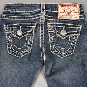 TRUE RELIGION WOMENS 24 JULIE SUPER T STRAIGHT DARK STRETCH  WHISKERING